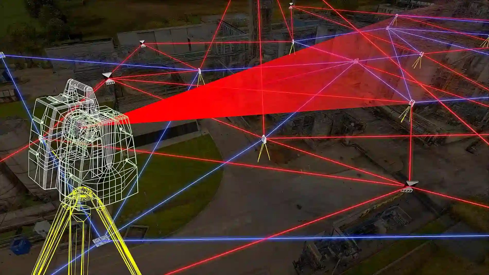 Láser escáner 3D midiendo un edificio y generando nube de puntos para topografía y arquitectura