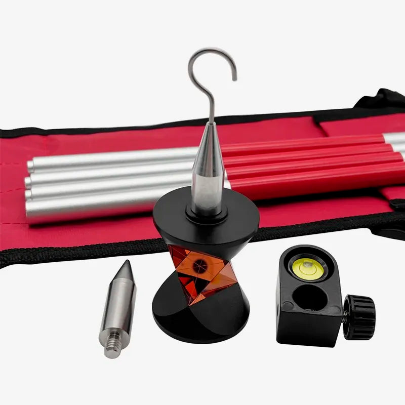 Kit de Miniprisma GRZ101 con extensiones ajustables y vial circular, ideal para estaciones totales y mediciones precisas.