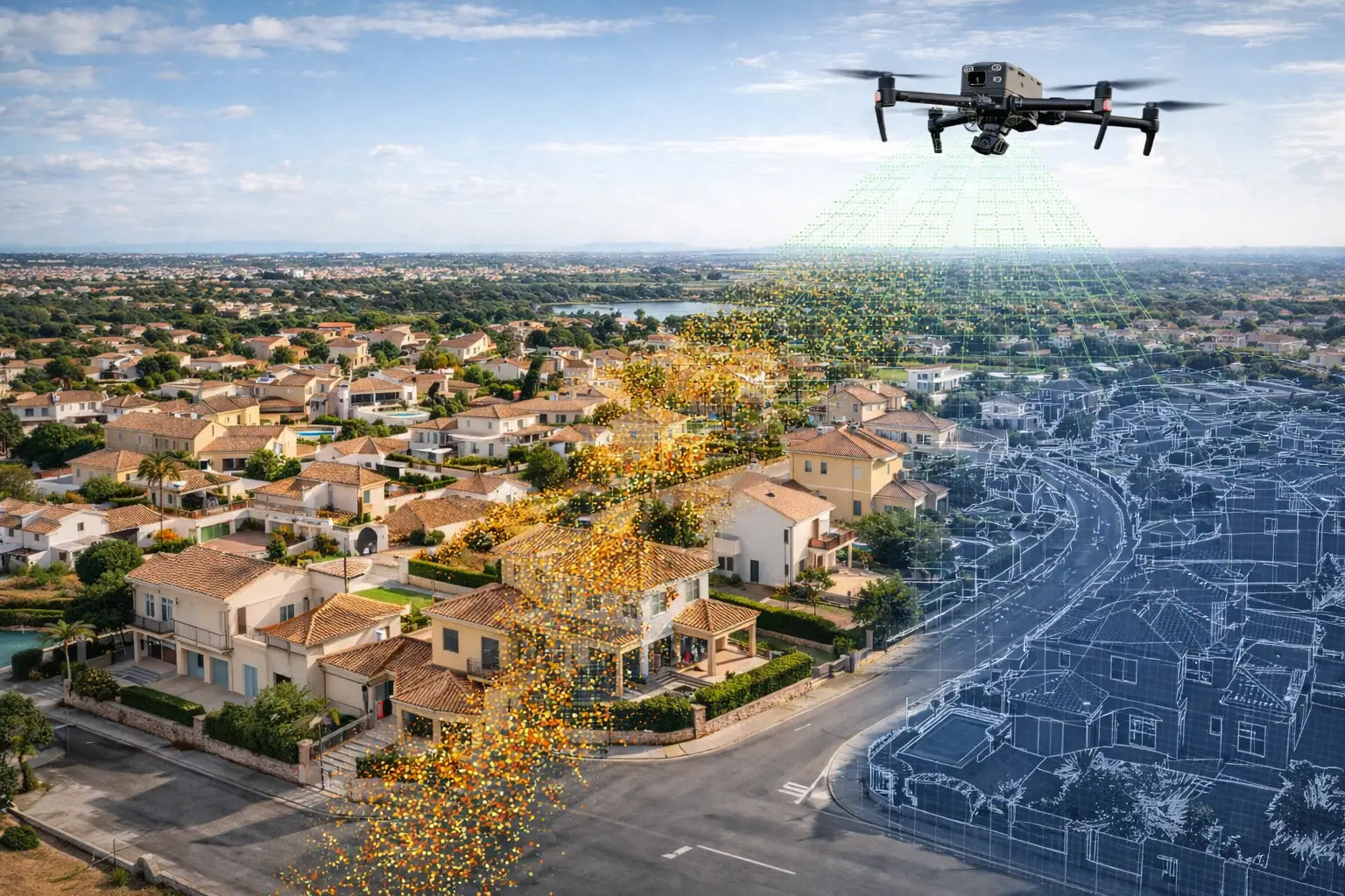 Dron para captura aérea y levantamiento 3D de urbanización
