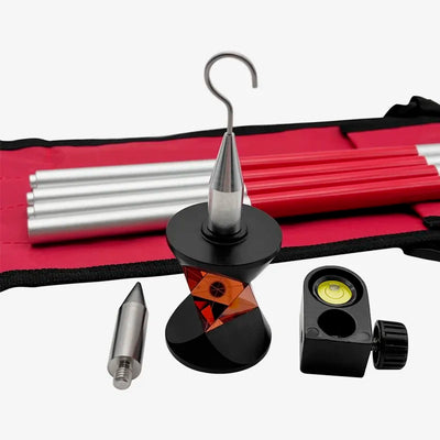 Kit de Miniprisma GRZ101 con extensiones ajustables y vial circular, ideal para estaciones totales y mediciones precisas.
