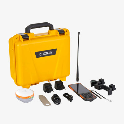 Kit completo CHCNAV i76 IMU RTK con receptor GNSS, controladora HCE600, bastón extensible, antena UHF y maleta de transporte.
