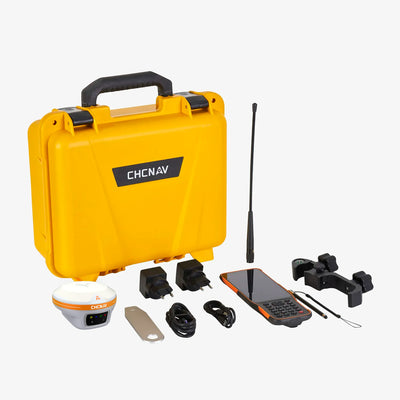 Kit completo CHCNAV i89 IMU RTK con receptor GNSS, controladora HCE600, bastón extensible, antena UHF y maleta de transporte.