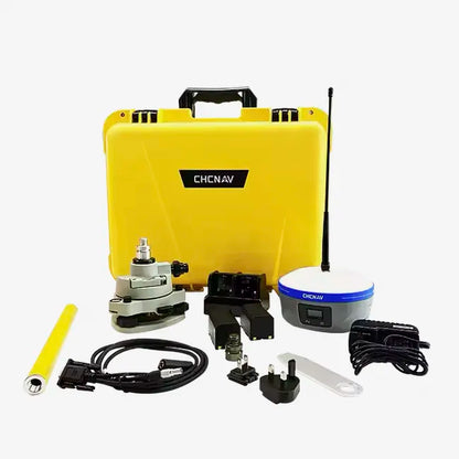 Kit completo CHCNAV iBase GNSS con receptor base, antena UHF, baterías, tribrach, cargador y maleta de transporte.