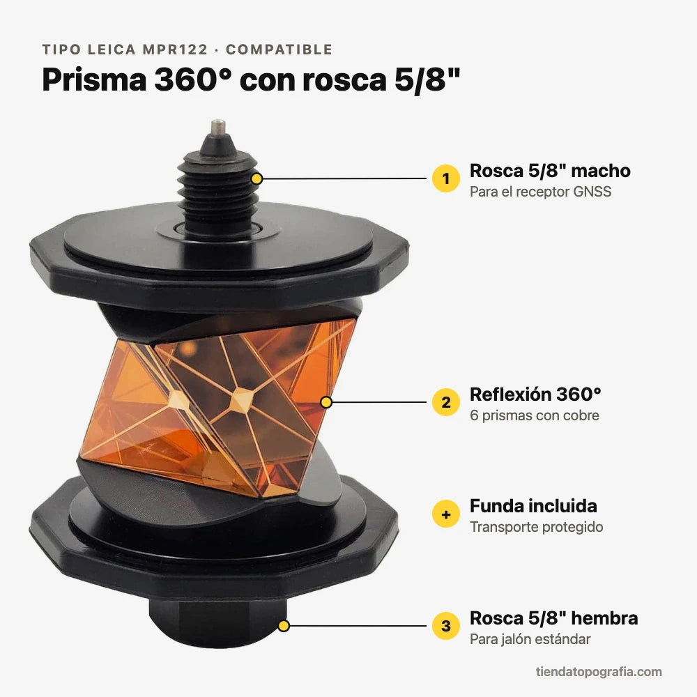 Caracteristicas del prisma 360 tipo MPR122: rosca 5/8 macho para GNSS, reflexion 360 y rosca 5/8 hembra para jalon