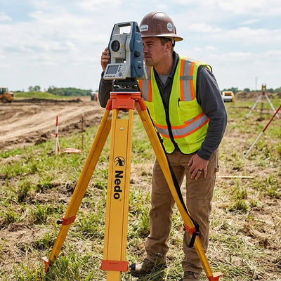 Topografo midiendo terreno con trípode de madera y estación